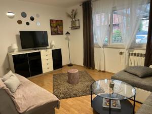 a living room with a couch and a tv at Apartman Lara in Zagreb
