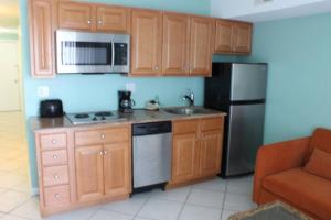 a kitchen with wooden cabinets and stainless steel appliances at Champagne Island Apt in Luxembourg