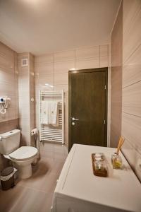 La salle de bains blanche est pourvue de toilettes et d'un lavabo. dans l'établissement Sona Confort, à Braşov