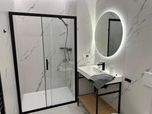 a bathroom with a shower and a sink and a mirror at Anny 5 Apartamenty in Krakow