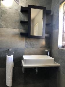 a bathroom with a white sink and a mirror at Windmill Farm in Bergville