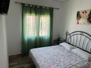 デニアにあるApartamento Las Marinas I en Déniaのベッドルーム1室(ベッド1台付)、窓(緑のカーテン付)
