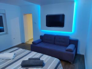 a blue room with a couch and a tv at Apartman Amadeus in Gradina