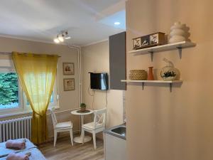 Zimmer mit einem Bett, einem Waschbecken und einem Tisch in der Unterkunft Apartman Talija in Novi Sad