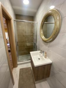 ein Bad mit einem Waschbecken und einem Spiegel in der Unterkunft Apartman Talija in Novi Sad