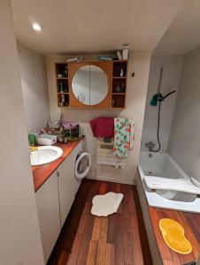een kleine badkamer met een wastafel en een bad bij chambre canal st martin in Parijs