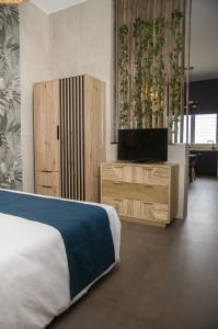 um quarto com uma cama e uma televisão numa cómoda em suite 18 luxury apartments em Bari