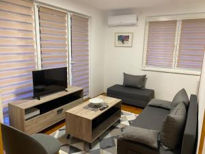 ein Wohnzimmer mit einem Sofa und einem TV in der Unterkunft Happy holiday in Visoko