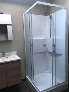 een douche met een glazen deur in de badkamer bij Hill44 in Zonnebeke