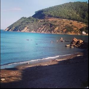 einen Strand mit einer Insel im Wasser in der Unterkunft Azla beach in Azla