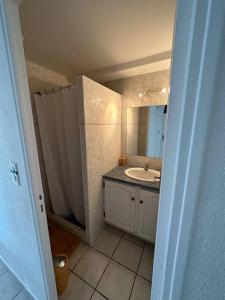La salle de bains est pourvue d'un lavabo et d'un miroir. dans l'établissement Grande annexe de maison avec jardin, à Aix-en-Provence