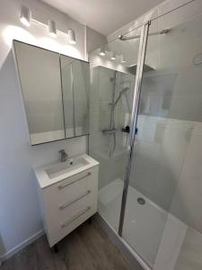 La salle de bains blanche est pourvue d'une douche et d'un lavabo. dans l'établissement Studio cosy vue mer et campagne, à Villers-sur-Mer
