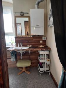 ein Badezimmer mit einem Waschbecken, einem Spiegel und einem Stuhl in der Unterkunft Dhamma-Retreat in Berlin in Berlin
