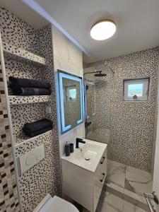 a bathroom with a sink and a toilet and a mirror at Modern Residence Scala in Zalău