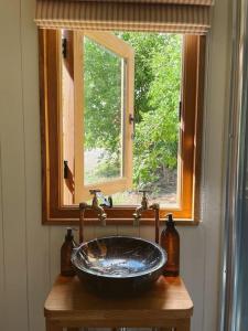 un lavandino in bagno con finestra di The Hereford Hut, Charming 1 bedroom Shepherds Hut a Callow