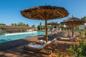 a row of lounge chairs with umbrellas next to a swimming pool at Aldiana Club Zanzibar Kwanza in Kizimkazi