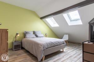 um quarto com uma cama e duas clarabóias em Gite Annecy 202 - Au Royaume des Castors - Appt 202 em Doussard