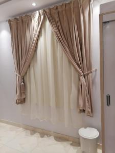 - Baño con cortina de ducha y aseo en العرين بارك للشقق المخدومة, en Abha