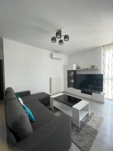 een woonkamer met een bank en een grote televisie bij Apartament Melanie in Oradea