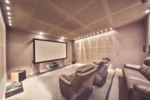 a living room with two couches and a projection screen at Splendide Chai 700 m2 Bordeaux in Bordeaux