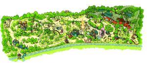 eine Zeichnung eines Parks mit Bäumen und einer Straße in der Unterkunft Baumhaushotel - Die geheime Welt von Turisede - Kulturinsel Einsiedel in Zentendorf