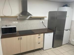 a kitchen with a refrigerator and a microwave at Viola Hostel in Budapest