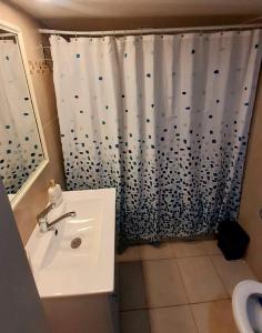 a bathroom with a sink and a shower curtain at Bluestone Vacations in Lev Eilat in Eilat