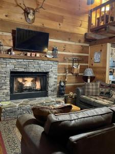 a living room with a fireplace and a tv at Peaceful Tellico View Home with Private Hot Tub in Tellico Plains