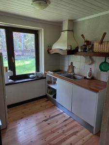 een keuken met een wastafel en een raam bij Engures māja - mežs un jūra in Engure