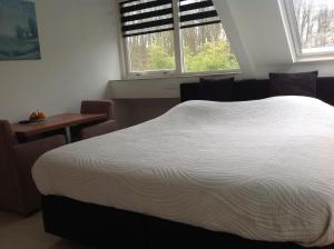 een slaapkamer met een bed, een tafel en een raam bij Dishoek in Dishoek