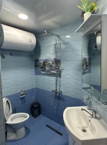 La salle de bains est pourvue de toilettes, d'un lavabo et d'une douche. dans l'établissement ВАЛ Къща за Гости - яз Жребчево, à Tvŭrditsa
