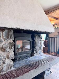 chimenea de piedra con estufa en la habitación en La Ferme du Nant - Portes du Soleil, en La Chapelle-dʼAbondance