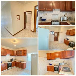 four different pictures of a kitchen with brown cabinets at Perfect Place in Tarrafal