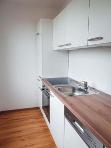 uma cozinha com um lavatório e uma bancada de madeira em Das Schmiedhofer in Bleiburg em Bleiburg