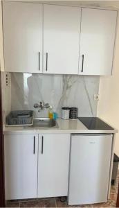 a white kitchen with a sink and white cabinets at Imperator Apartments in Ulcinj