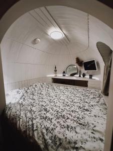 um quarto com uma cama e um espelho em Pedaspä Igloo House and Sauna em Pedaspea