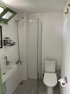 La salle de bains est pourvue de toilettes, d'un lavabo et d'une douche. dans l'établissement Yucca Alaçatı, à Alaçatı