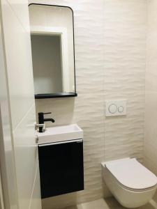 a bathroom with a toilet and a sink and a mirror at Premium Suites in Tučepi
