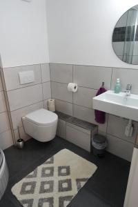 W łazience znajduje się toaleta, umywalka i lustro. w obiekcie Ruhige, modern eingerichtete 2 Zimmer Wohnung im Untergeschoss eines Zweifamilienhauses w mieście Hildrizhausen