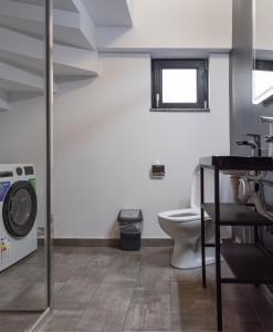 a bathroom with a washing machine and a toilet at Pensiunea Grand in Eforie Nord