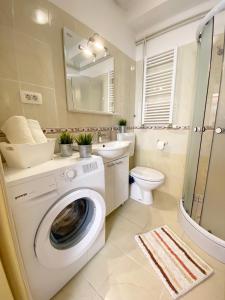 y baño con lavadora, lavamanos y aseo. en Apartments Centurio Pula, en Pula