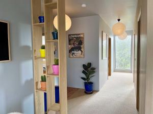 um corredor com prateleiras de madeira e vasos de plantas em Matkráin Apartments em Hveragerði