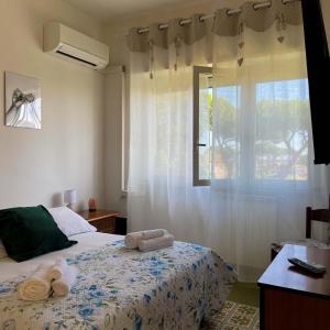 ein Schlafzimmer mit einem Bett mit Handtüchern und einem Fenster in der Unterkunft Kesya Seaview Apartment - Attico - 50mt dal mare in Anzio