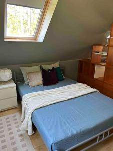 1 dormitorio con cama azul y ventana en House in Pine forest Asari, en Jūrmala