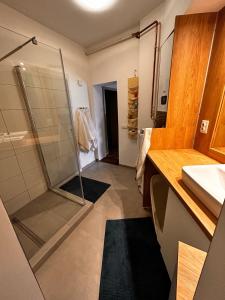 uma casa de banho com um chuveiro e um lavatório. em Puzzle Haus em Gyenesdiás