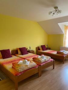 two beds in a room with yellow walls at Vila de lux in Bela Crkva