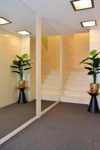 una camera con scale e due piante in vaso di V&M Luxury Studio a Pag