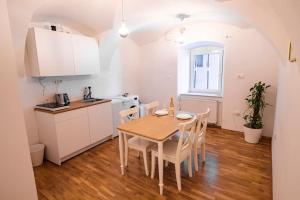 a kitchen and dining room with a table and chairs at Dragon's Cave in Ljubljana