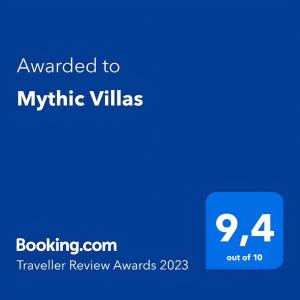Um certificado, prêmio, placa ou outro documento exibido em Mythic Villas