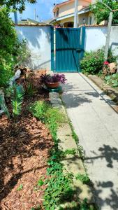un jardín con una valla azul y una acera en GreenHouse_Anzio, en Anzio